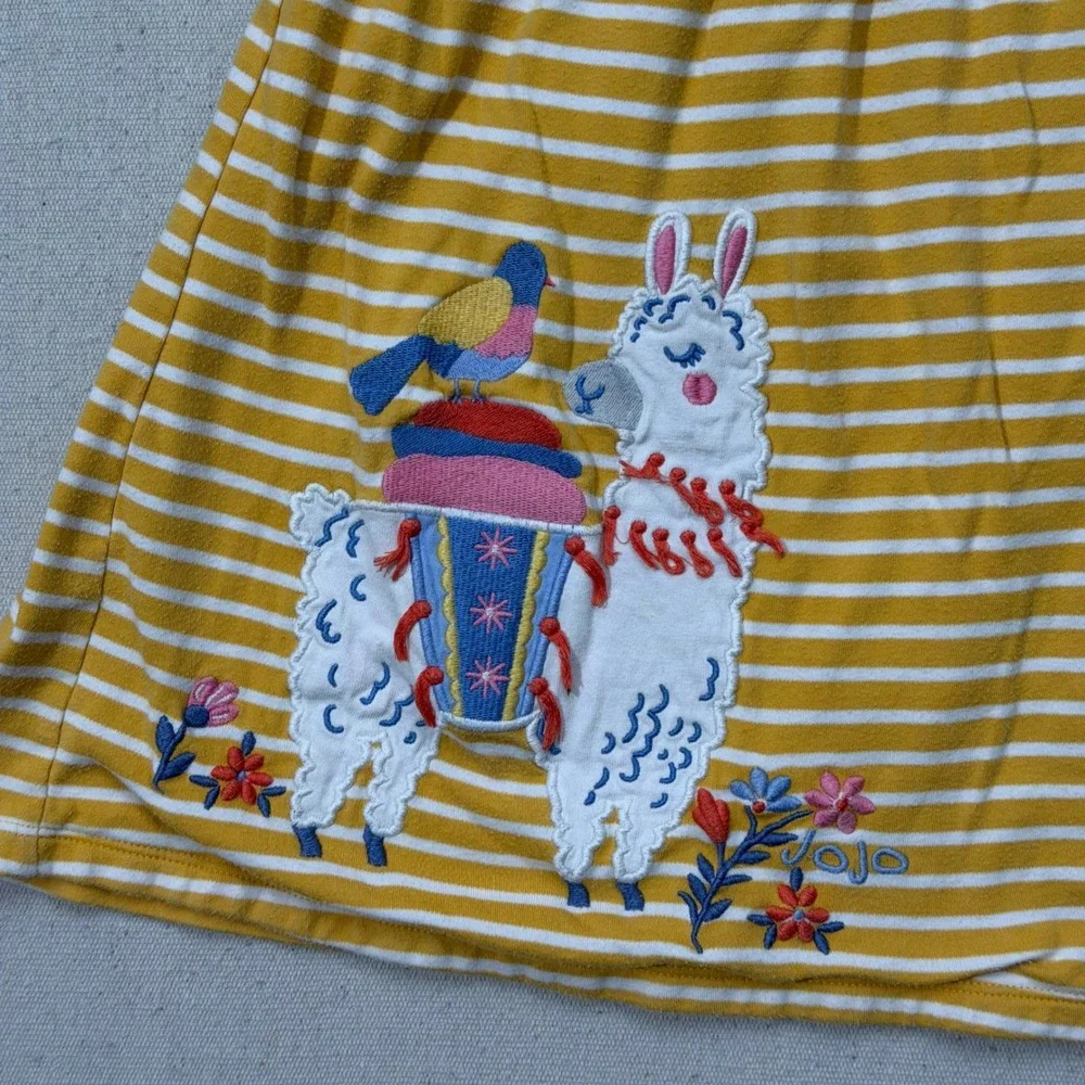 JoJo Maman Bebe Girls 4-5Y Mustard Stripe Llama Applique Cotton Dress